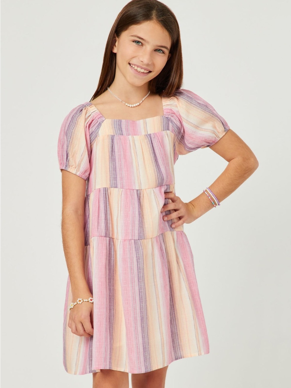Hayden Girls Pink Multicolor Striped Tiered Dress